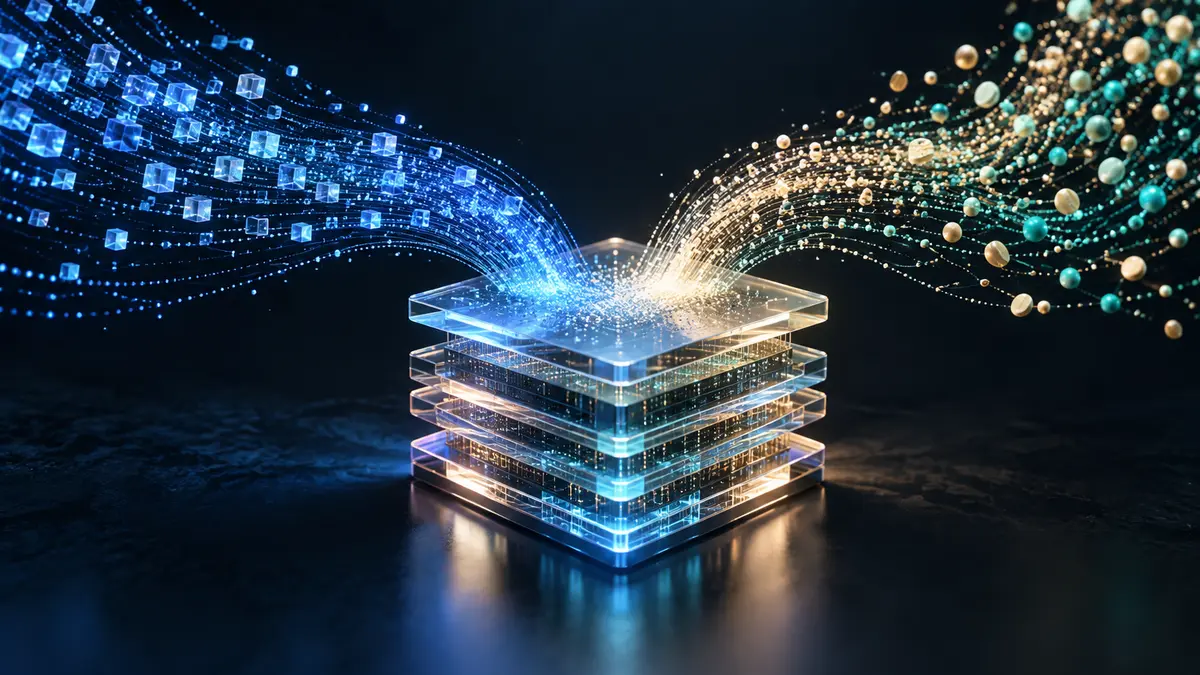 Two luminous streams of vector and token signals converging into a layered data index.